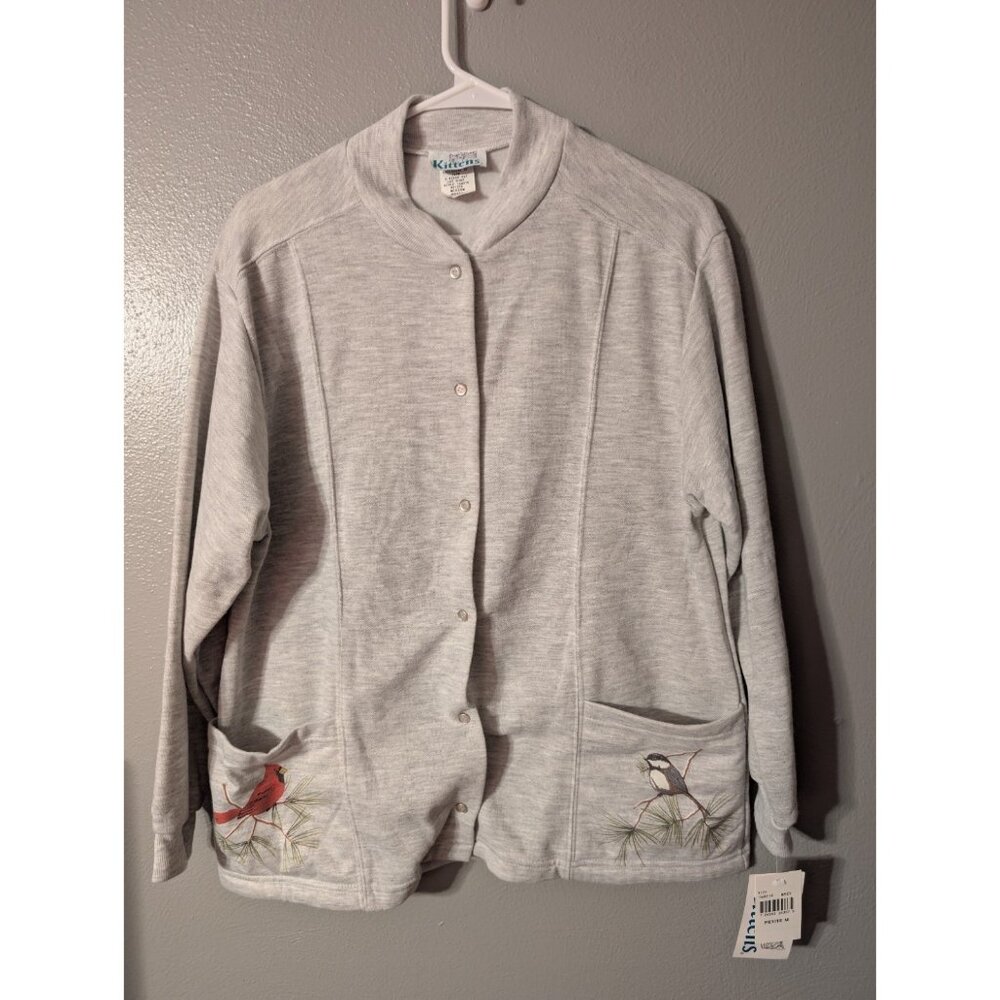 Kittens Cardigan Petite M Gray Bird Pocket Embroidery Snap Front USA VTG NWT